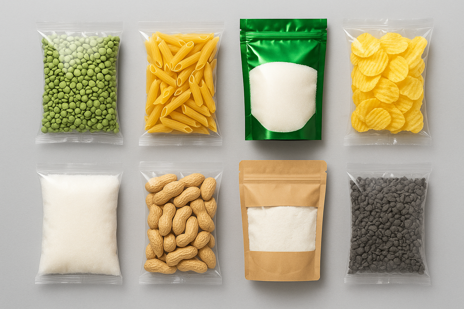 Confezioni alimentari in buste termosaldate: legumi, pasta, zucchero, patatine e farine confezionate con macchine verticali automatiche