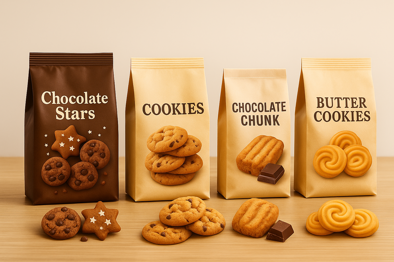 Esempi di confezioni per biscotti in sacchetti verticali a quattro saldature, ideali per confezionatrici Sifatech.